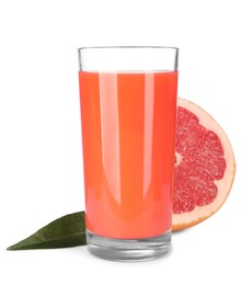 Tasty grapefruit juice in glass, fresh fruit and green leaf isolated on white