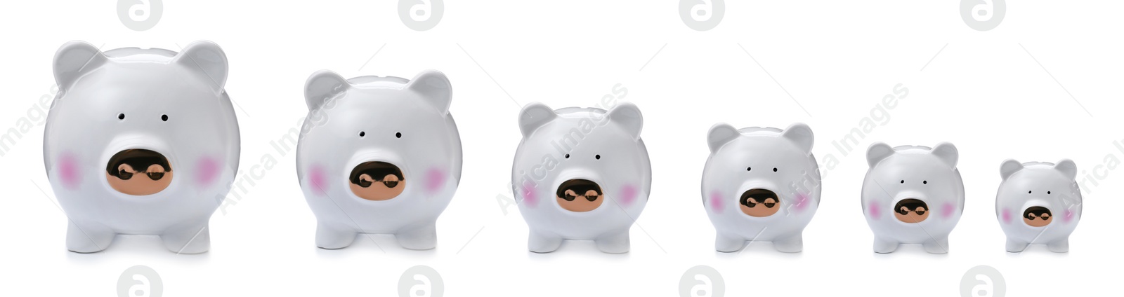 Image of Set with piggy banks of different sizes on white background, banner design. Money saving
