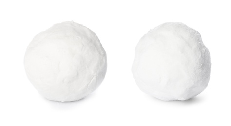 Image of Two snowballs on white background. Banner design