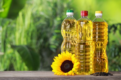 Photo of Bottles of cooking oil, sunflower and seeds on wooden table against blurred background, space for text