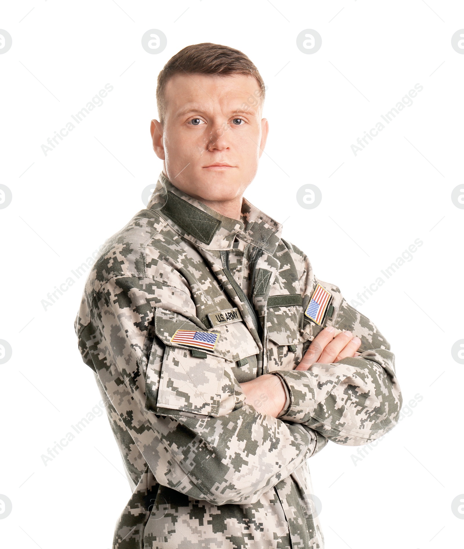 Photo of Male soldier on white background. Military service