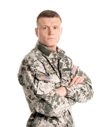 Male soldier on white background. Military service