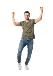 Photo of Full length portrait of emotional handsome man on white background