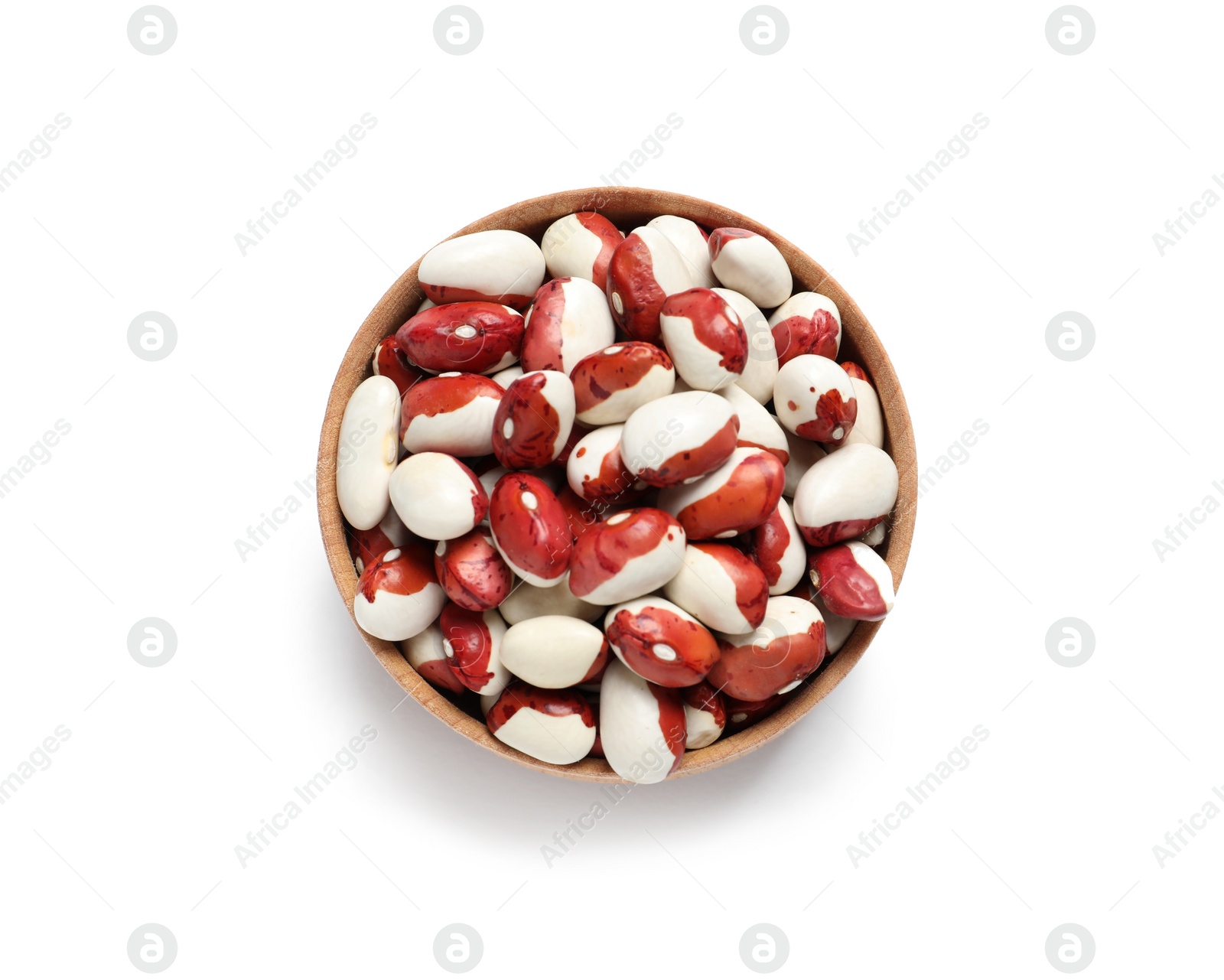 Photo of Bowl with beans on white background, top view. Natural food high in protein