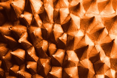 Image of Fresh ripe durian as background, closeup. Toned in orange