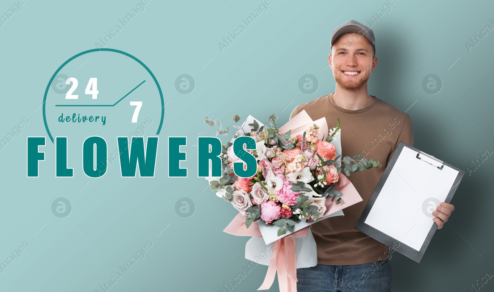 Image of 24/7 service. Delivery man with beautiful flower bouquet on turquoise background. Illustration of clock