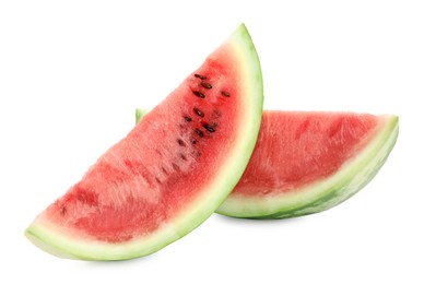 Photo of Slices of delicious ripe watermelon on white background