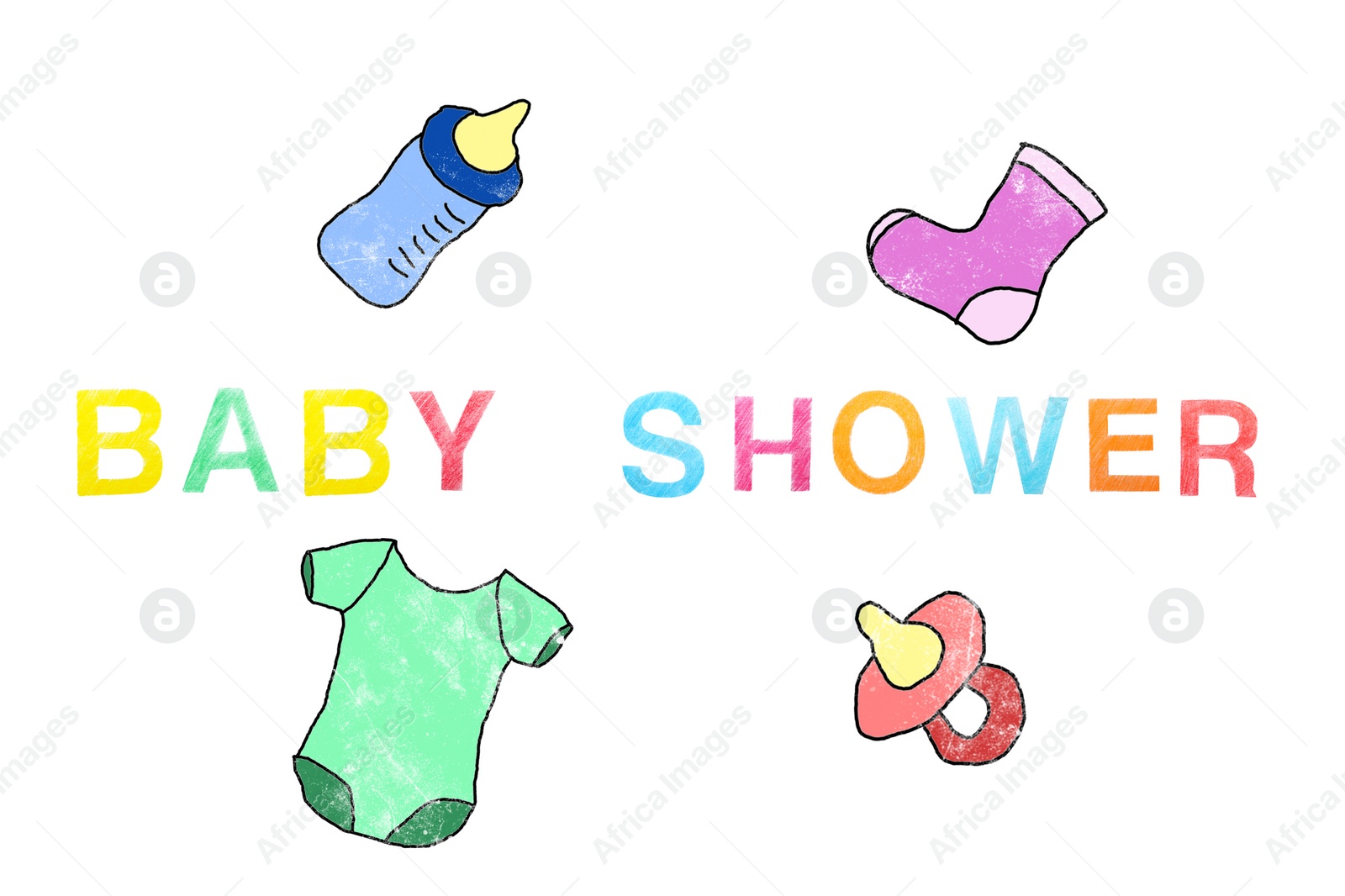 Image of Different drawings and phrase BABY SHOWER written on white background