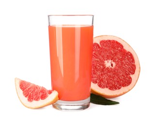 Photo of Tasty grapefruit juice in glass, fresh fruit and green leaf isolated on white