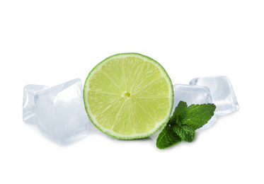 Photo of Ice cubes, mint and lime on white background