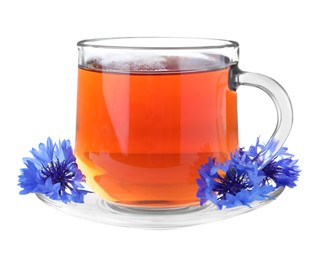 Photo of Cornflower tea and fresh flowers on white background