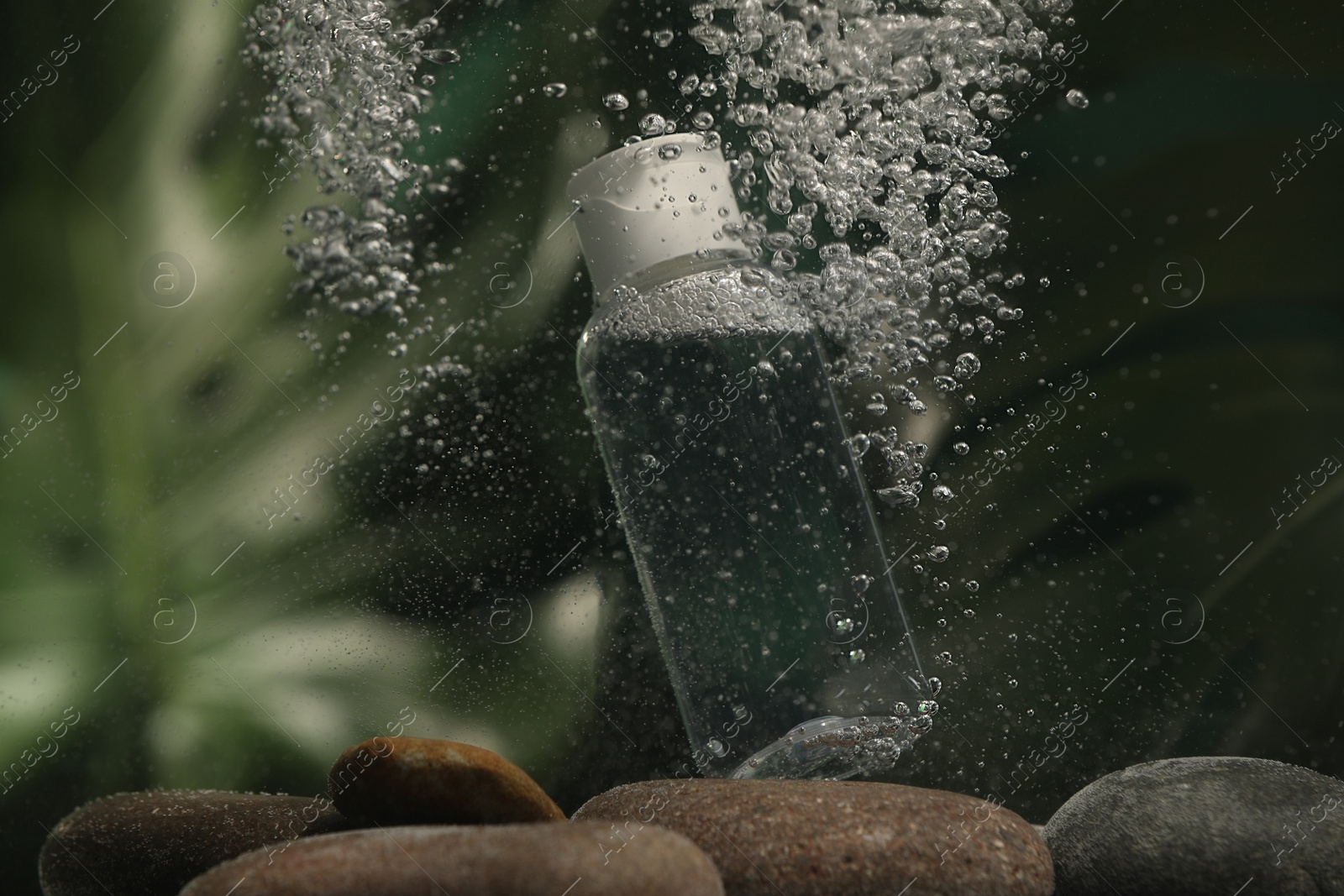 Photo of Bottle of micellar water in liquid on blurred background