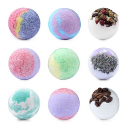 Image of Set with aromatic bath bombs on white background