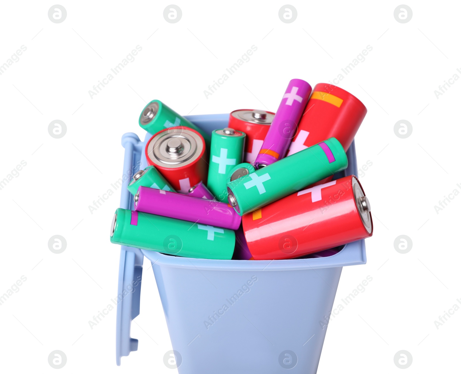 Photo of Many used batteries in recycling bin isolated on white