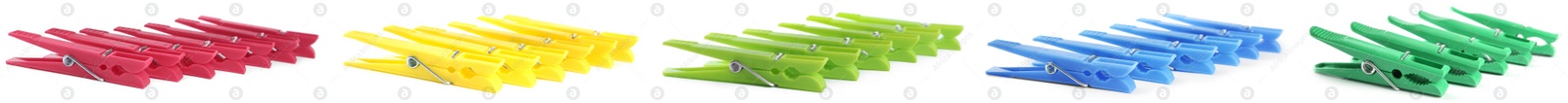 Image of Set with bright plastic clothespins on white background. Banner design 