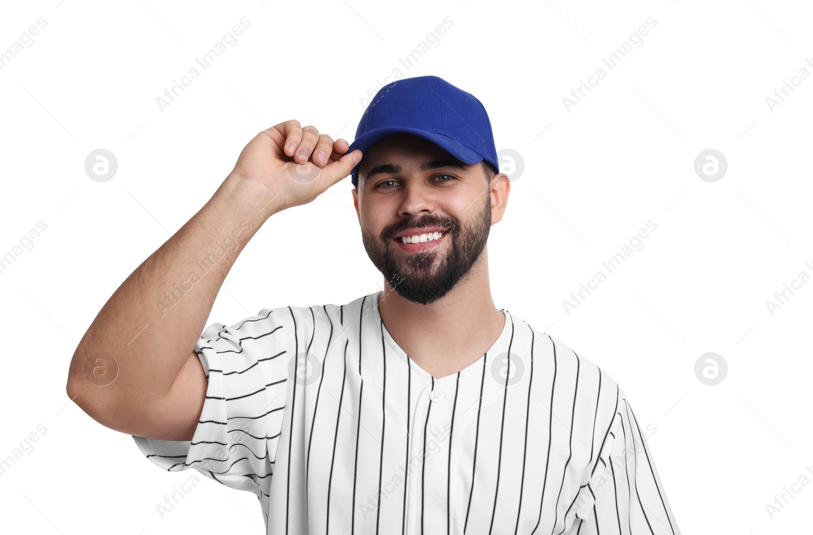 Photo of Man in stylish blue baseball cap on white background