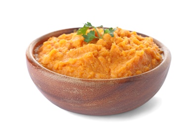 Bowl with mashed sweet potatoes on white background