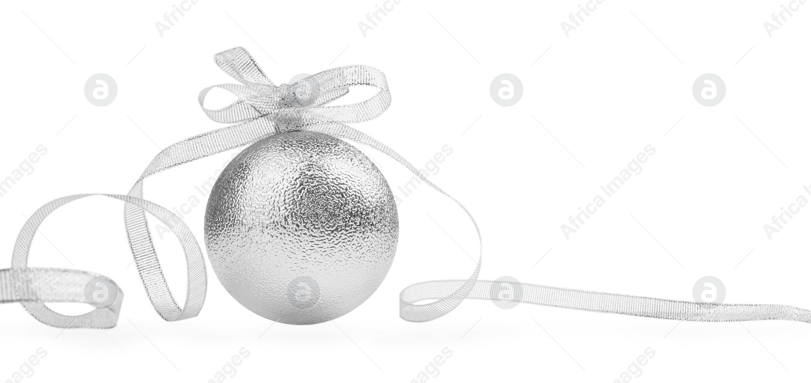 Photo of Beautiful silver Christmas ball with ribbon isolated on white