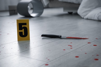 Photo of Knife in blood near crime scene marker on wooden floor indoors