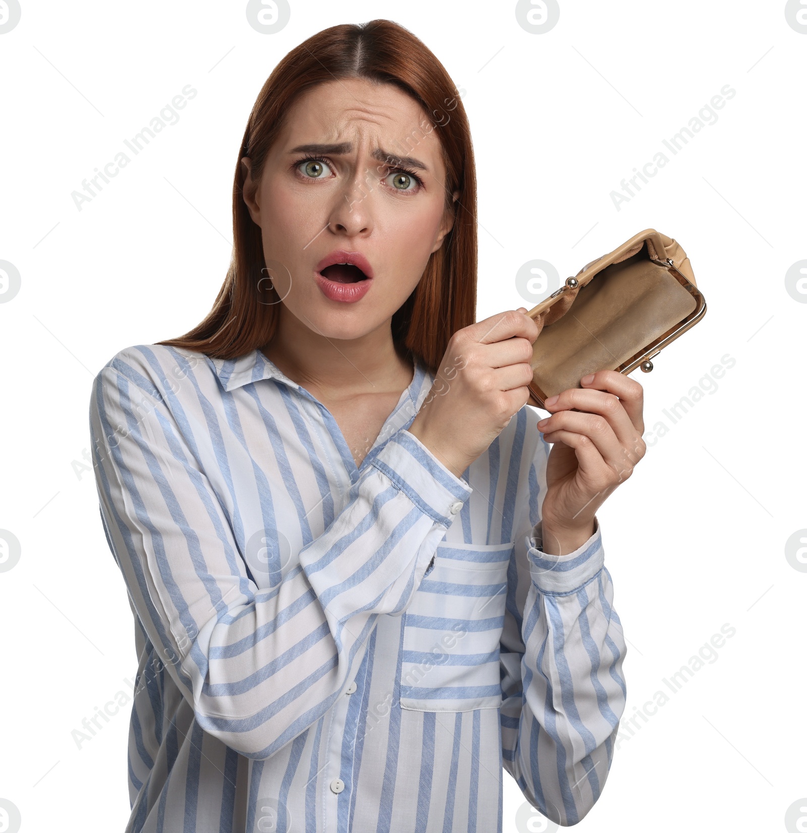 Photo of Confused woman with empty wallet on white background