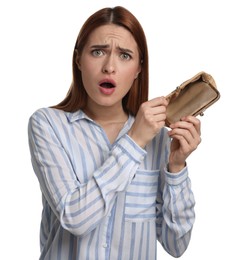 Photo of Confused woman with empty wallet on white background