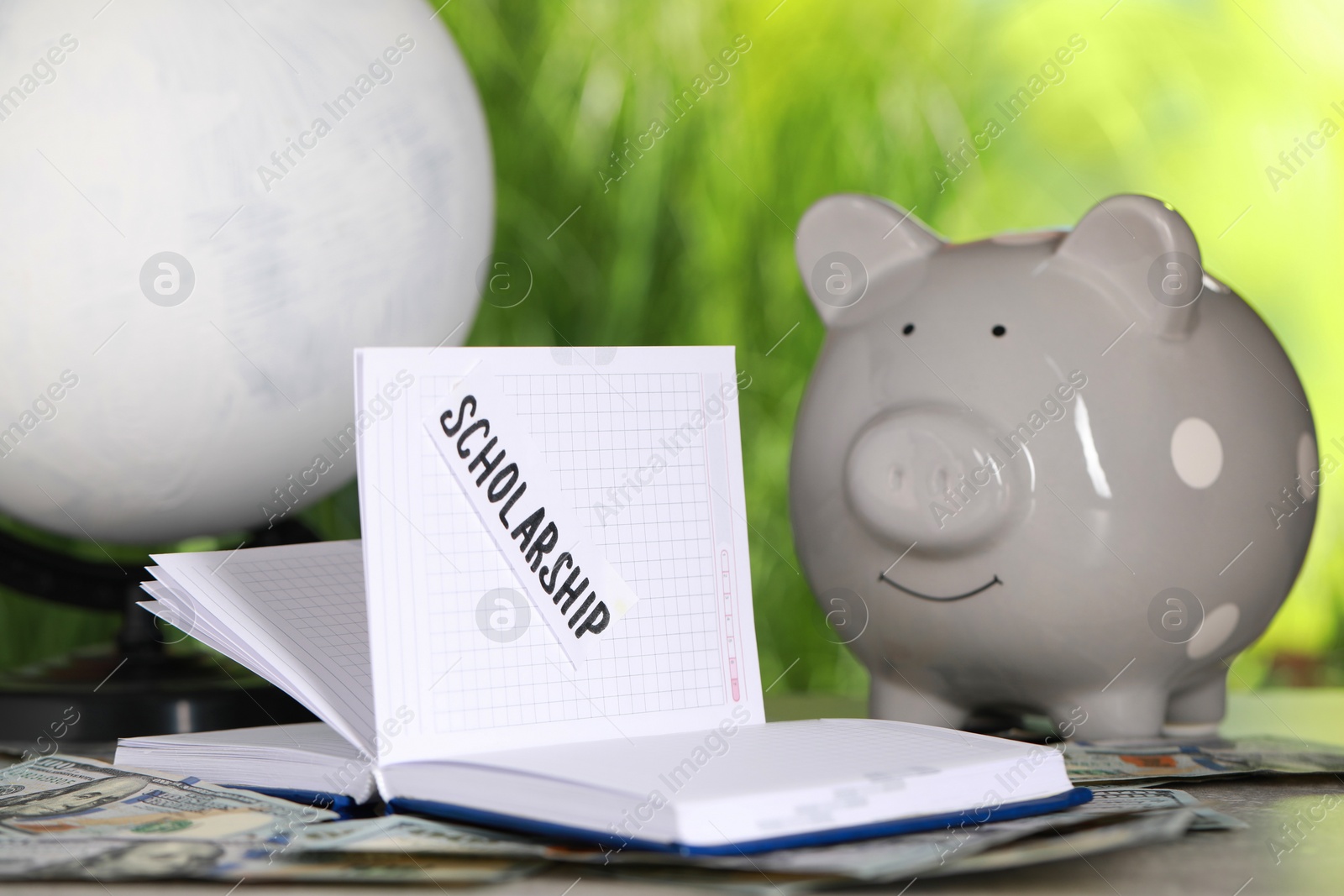 Photo of Scholarship concept. Open notebook, dollar banknotes and piggy bank on light grey table