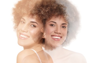Double exposure of beautiful young woman on white background