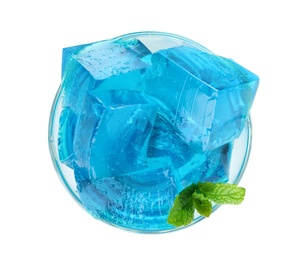 Photo of Dessert bowl with blue jelly on white background, top view