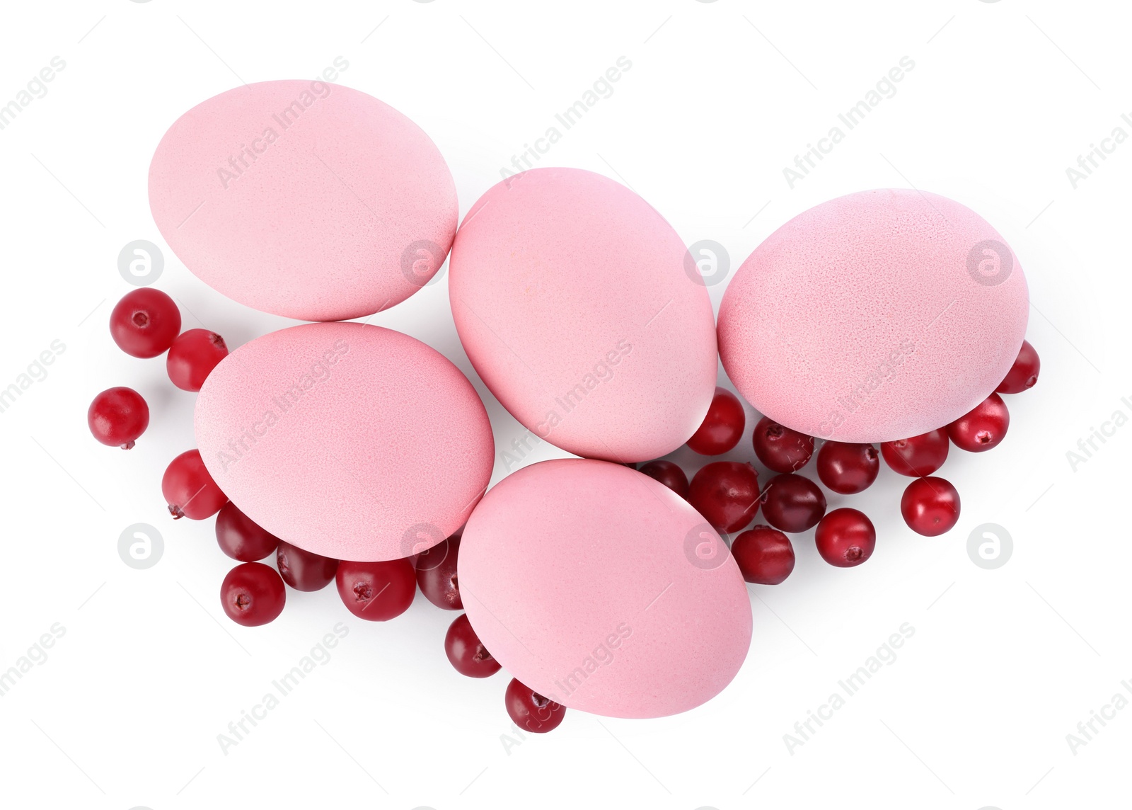 Photo of Naturally painted Easter eggs on white background, top view. Cranberries used for coloring