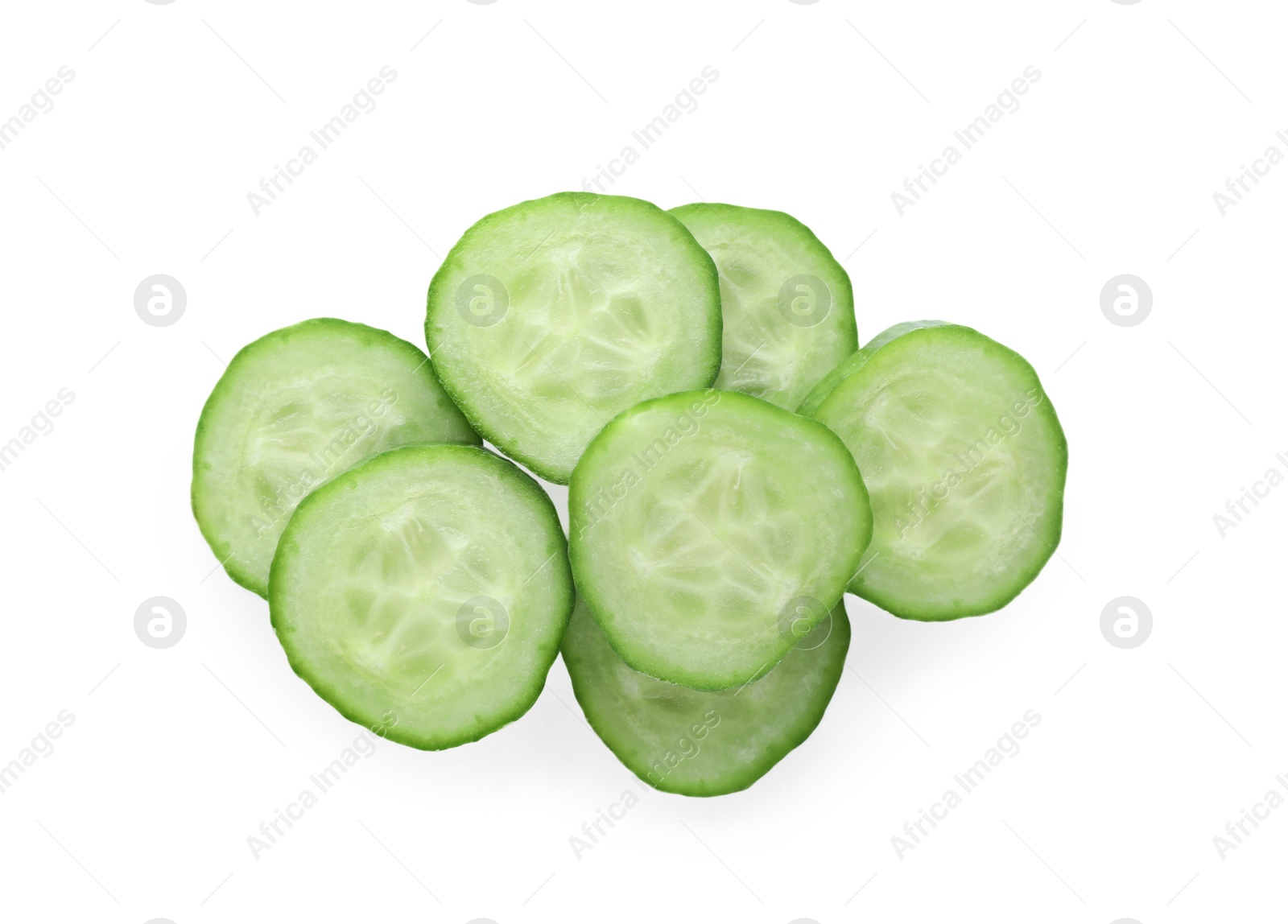 Photo of Slices of fresh green cucumber isolated on white, top view