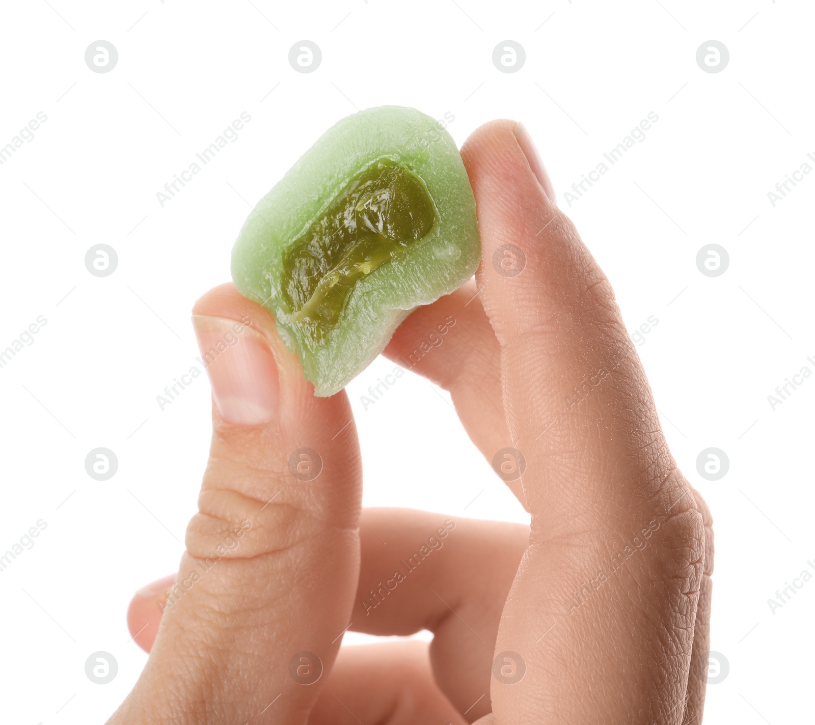 Photo of Woman with delicious mochi on white background, closeup. Traditional Japanese dessert