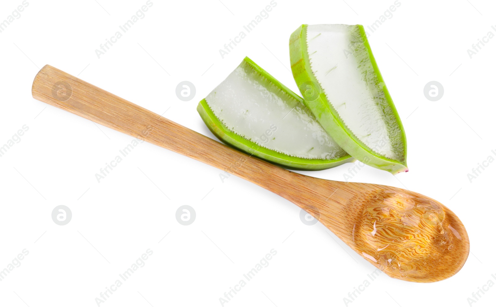 Photo of Aloe vera gel in spoon and slices of plant isolated on white, top view