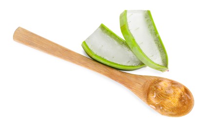 Aloe vera gel in spoon and slices of plant isolated on white, top view