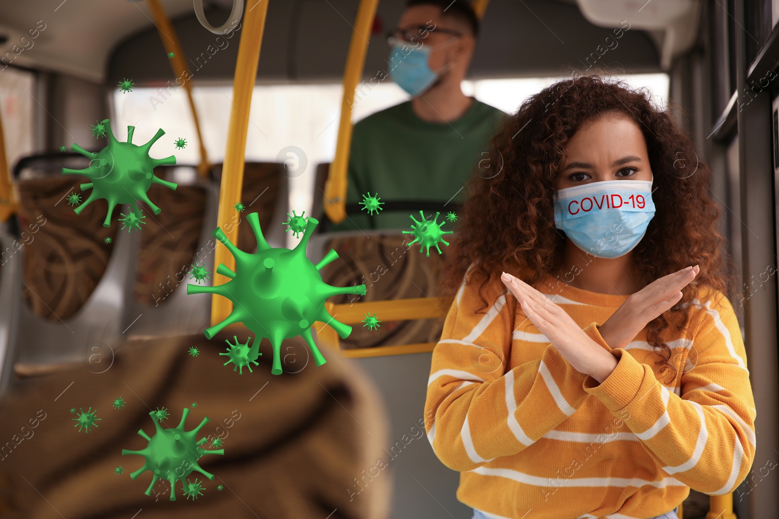 Image of African-American woman wearing medical mask in bus. Virus protection