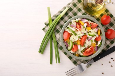 Tasty salad with Chinese cabbage served on white wooden table, flat lay. Space for text