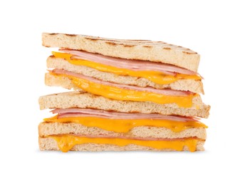 Photo of Delicious grilled sandwiches with ham and cheese isolated on white