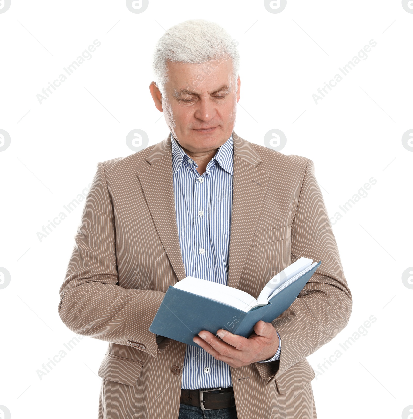 Photo of Senior man reading book on white background