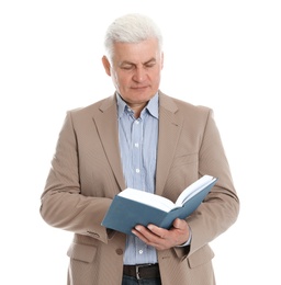 Senior man reading book on white background