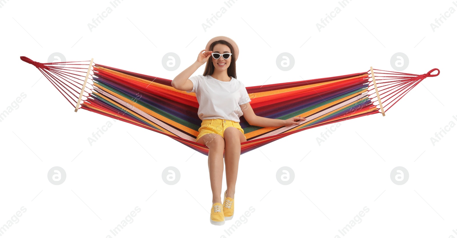 Photo of Woman resting in hammock on white background