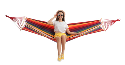 Photo of Woman resting in hammock on white background