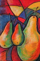 Pastel drawing of pears on colorful background