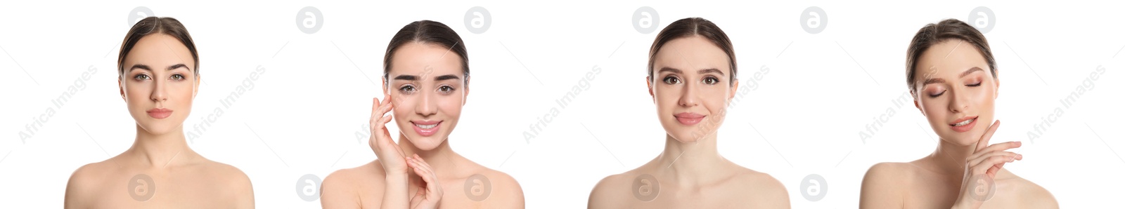 Image of Young beautiful women with perfect skin on white background, collage of portraits. Banner design