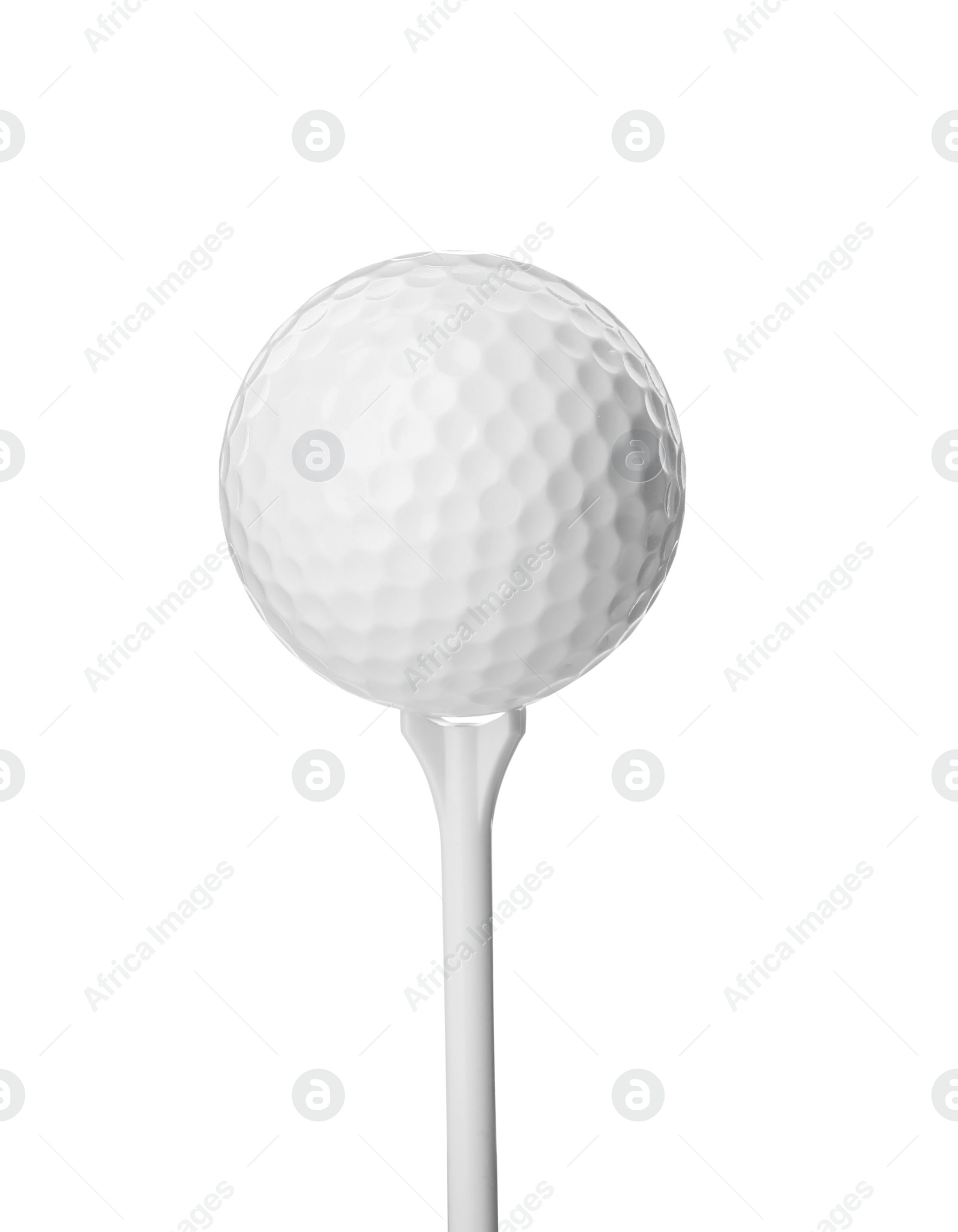 Photo of Golf ball and tee on white background. Sport equipment