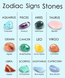 Image of Zodiac signs and their gemstones on light blue background