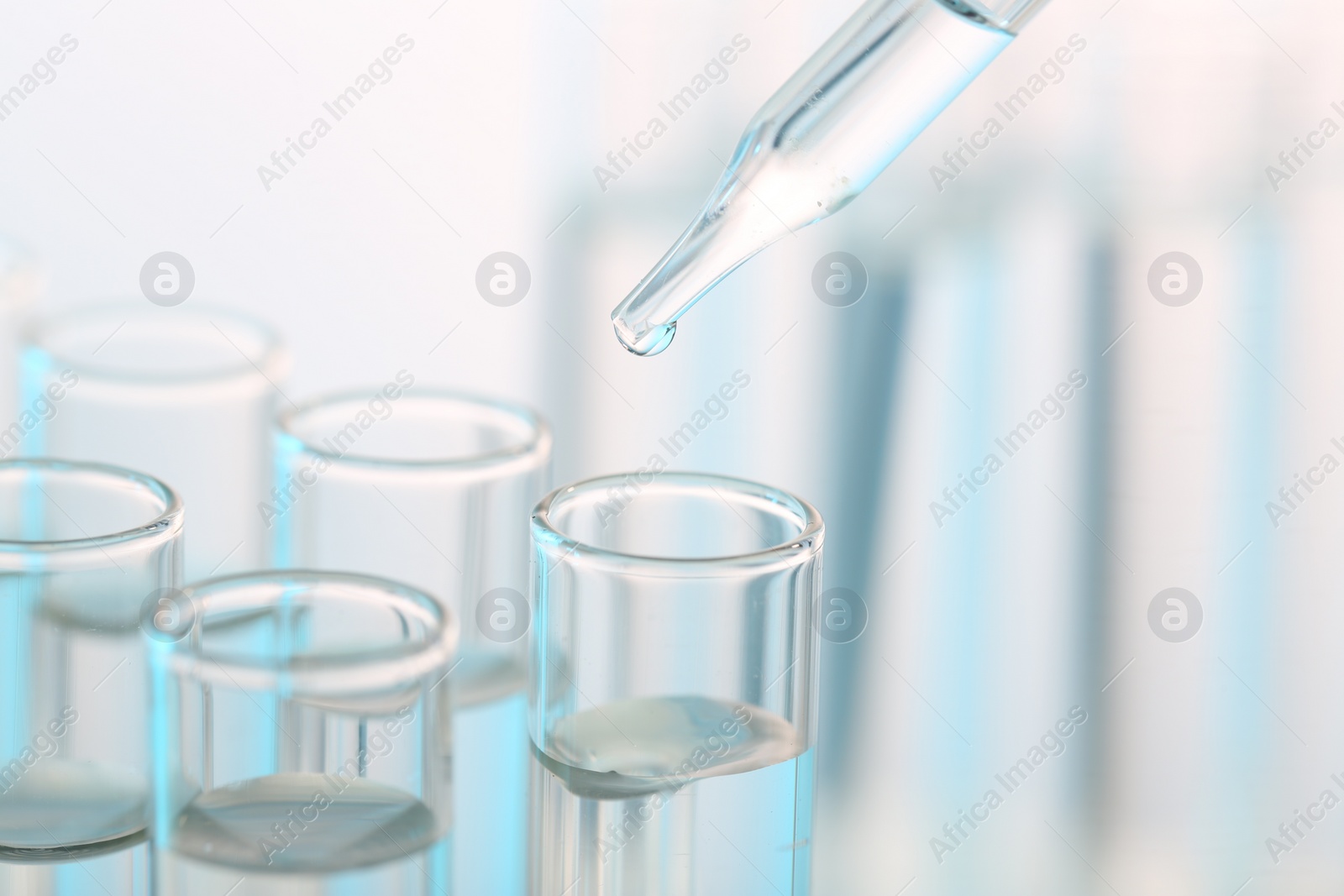 Photo of Laboratory analysis. Dripping liquid from pipette into glass test tube on blurred background, closeup