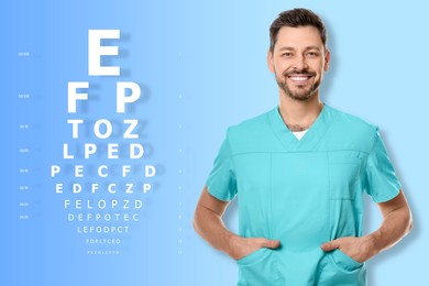 Image of Vision test. Ophthalmologist or optometrist and eye chart on white and blue gradient background