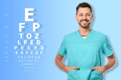 Vision test. Ophthalmologist or optometrist and eye chart on white and blue gradient background