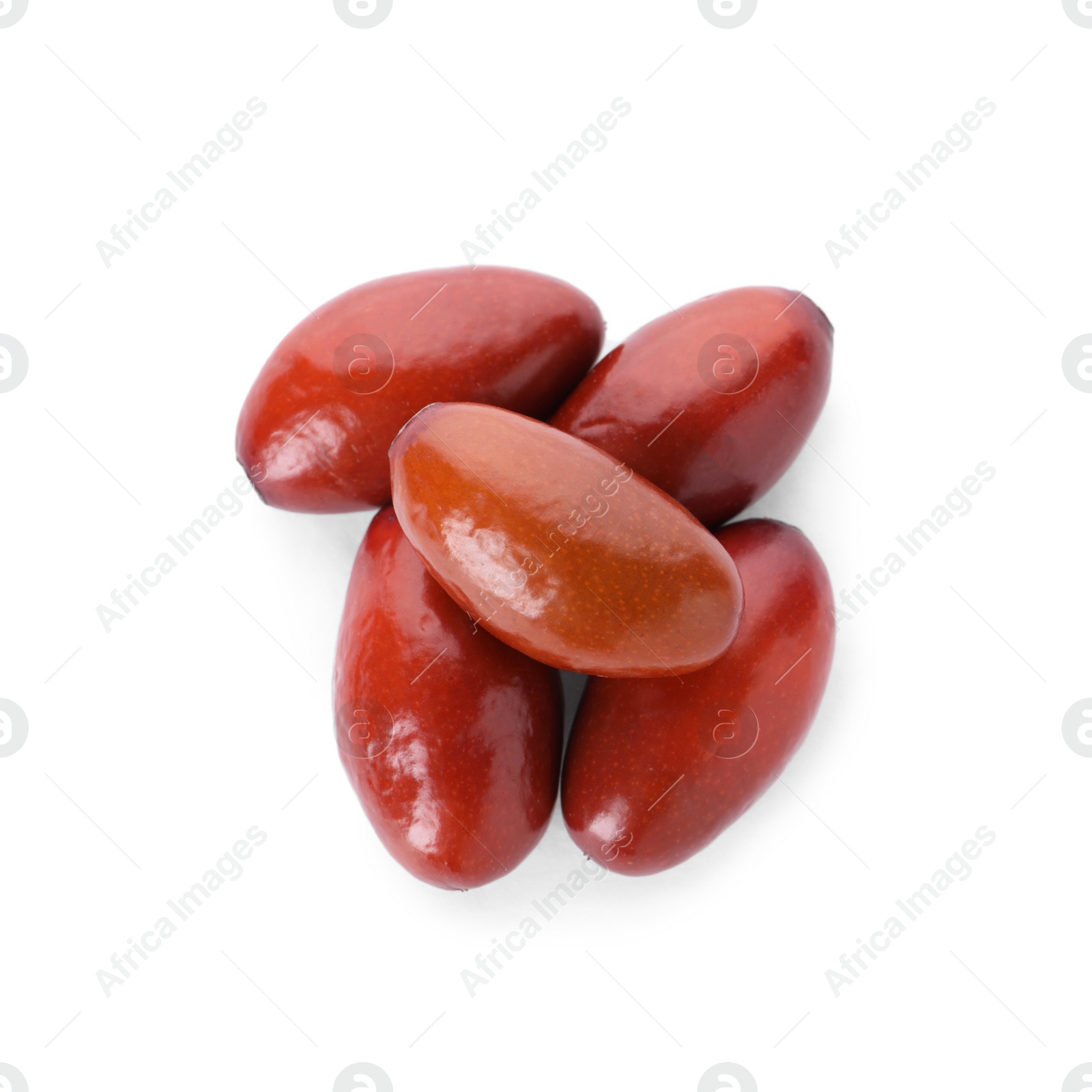 Photo of Heap of ripe red dates on white background, top view