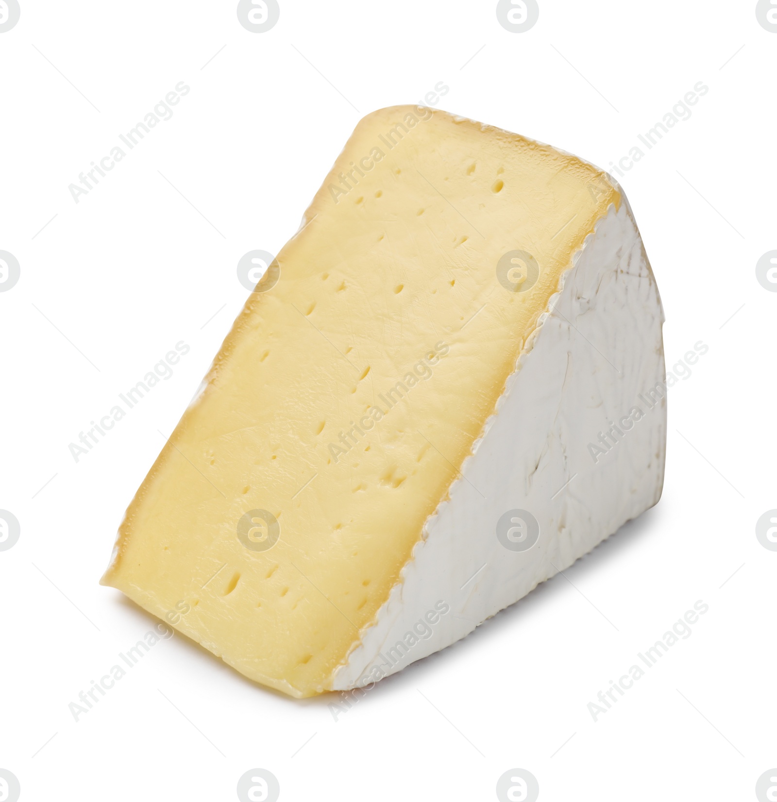 Photo of Piece of tasty camembert cheese isolated on white