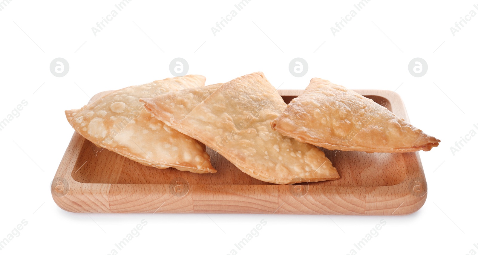 Photo of Fresh delicious crispy samosas on white background